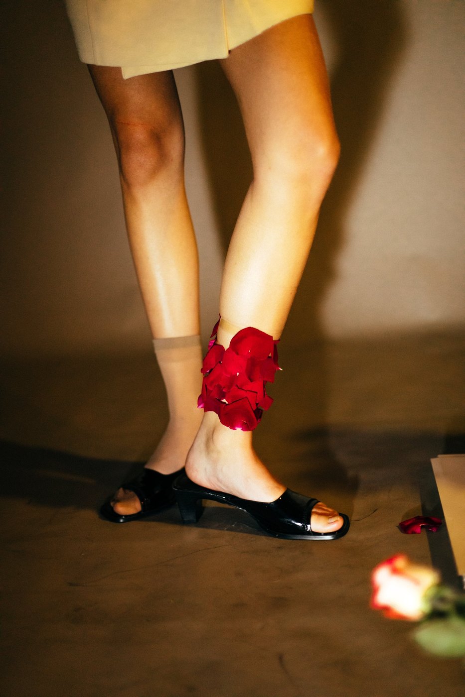 Detail of legs with red rose petals and black mules