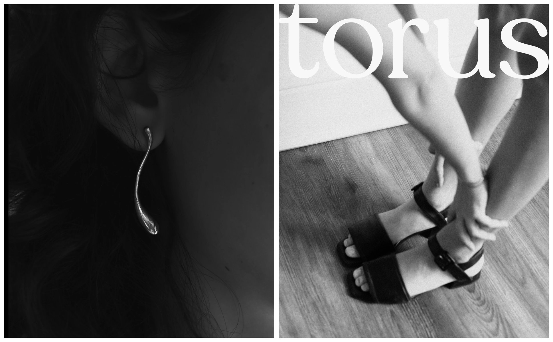 Spread: wave earring in shadow, and sandals under the Torus logo
