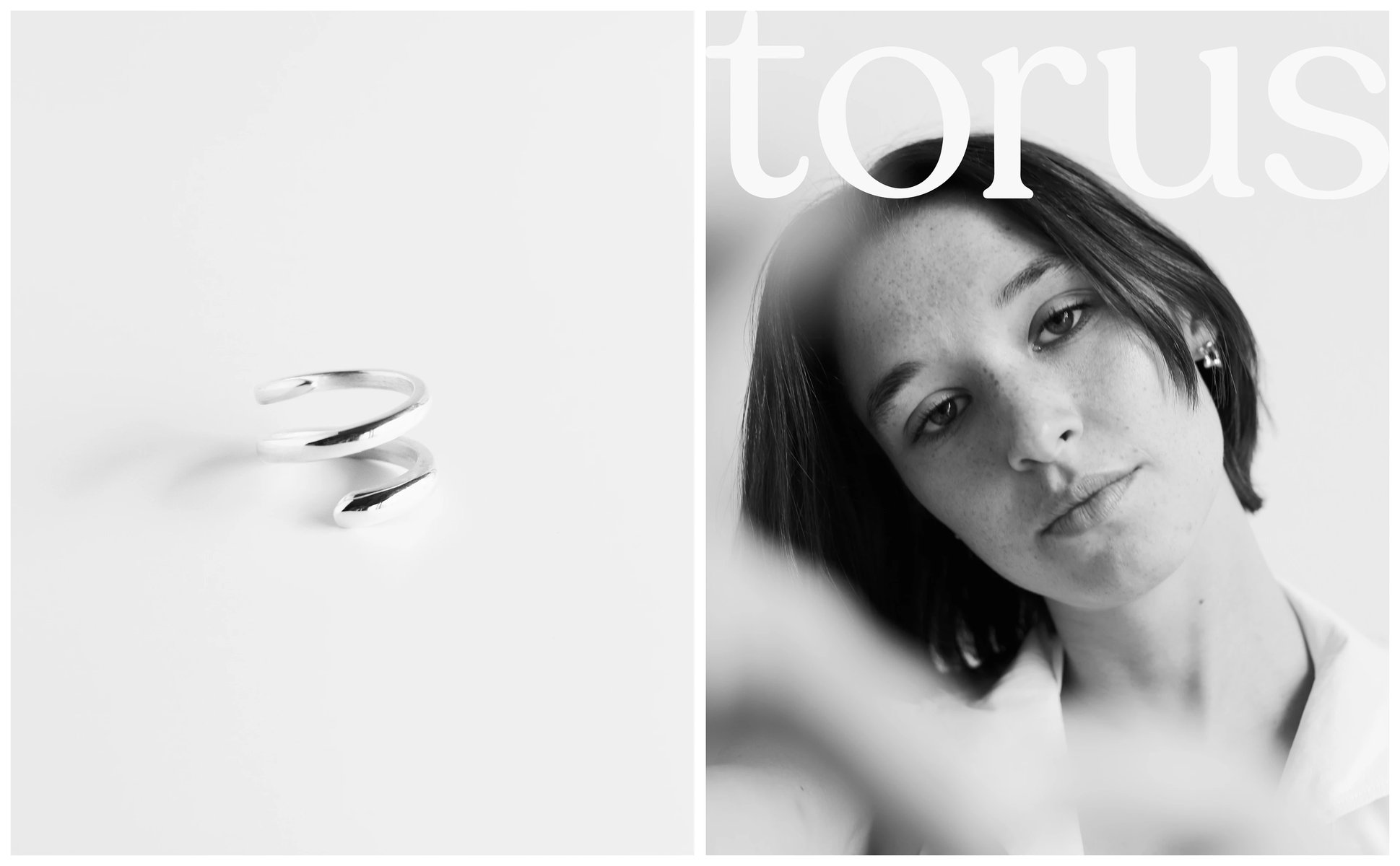 Spread: coil ring on white, and a portrait under the Torus logo
